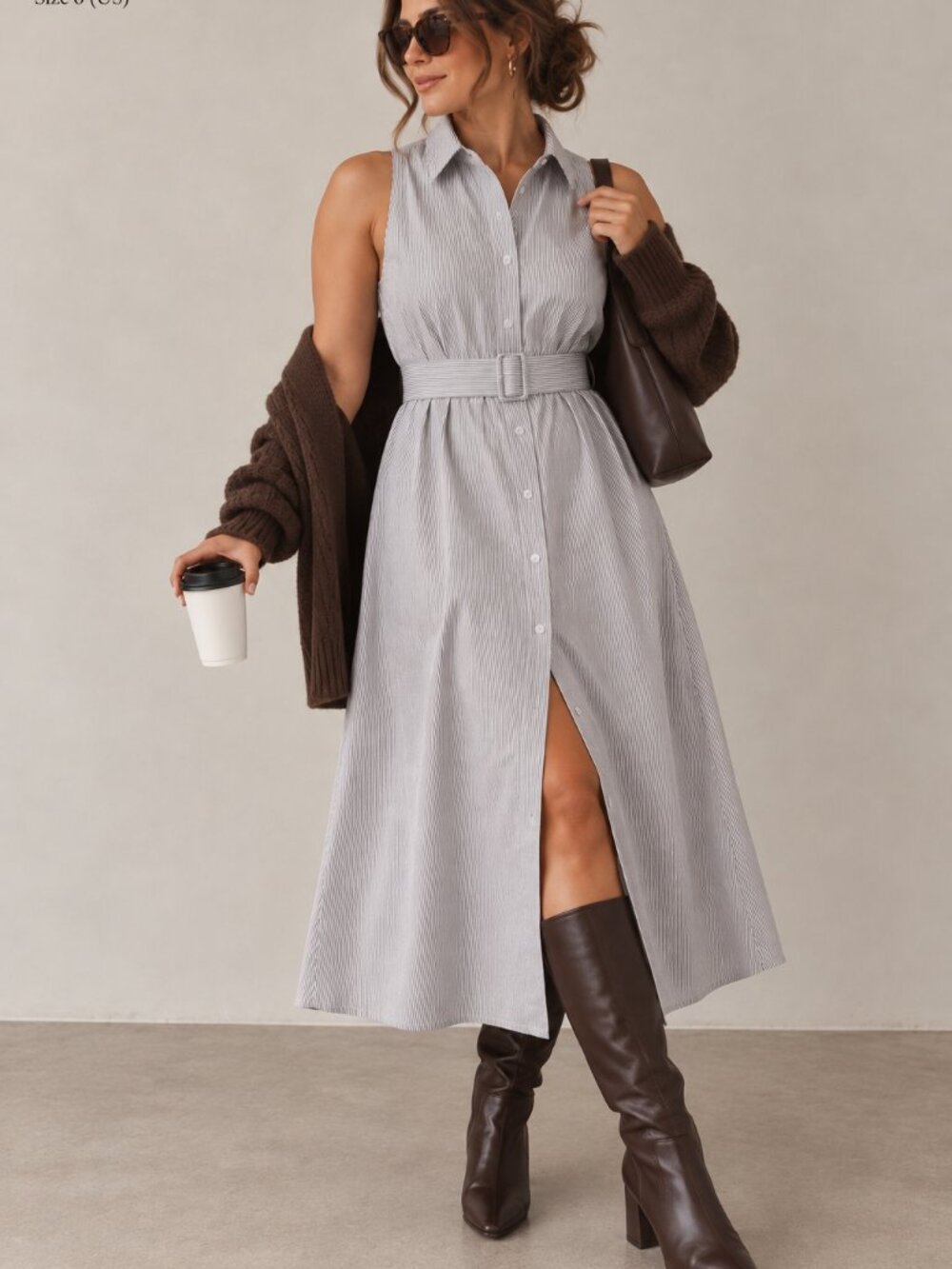 Club Monaco Sleeveless Collared Midi Shirt Dress with Belt - Light Gray Stripe
